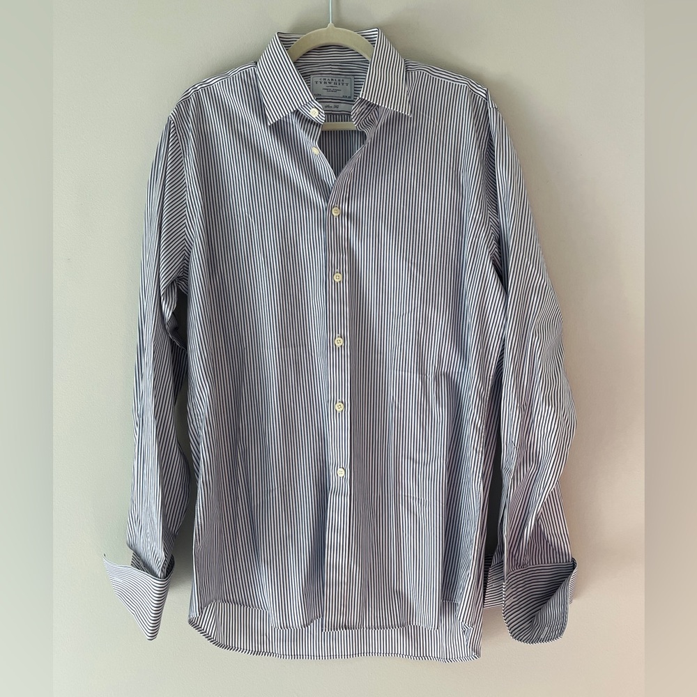 Charles Tyrwhitt Navy & White Striped Button Down Collared Shirt